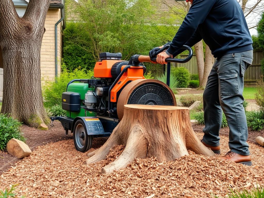 Rogneuse de souches en action dans un jardin, copeaux de bois au sol